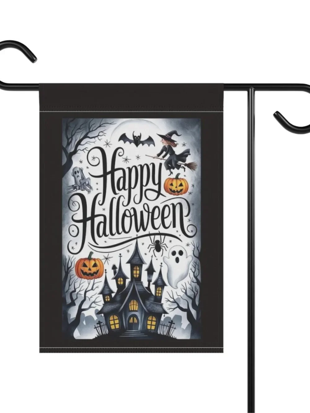 Happy Halloween Garden Flag with Witch and Haunted House